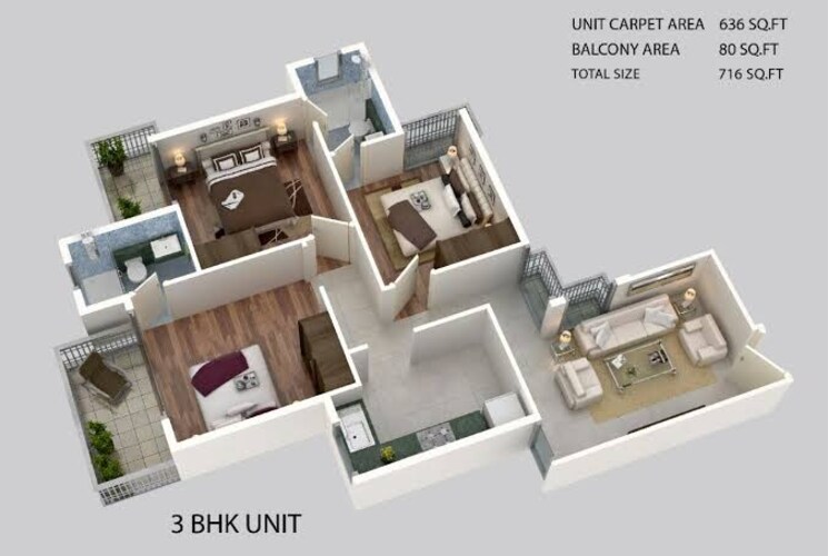 Floor Plan, pivotal-paradise 3 Bedroom 716 Sq.Ft. Apartment In Sector 62 Gurgaon 8701111