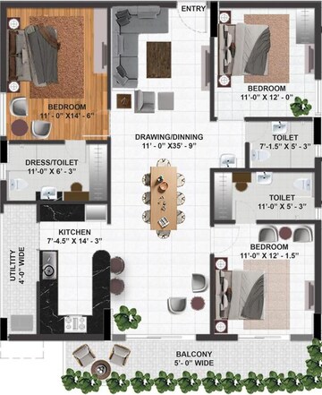 Floor Plan in 2 BHK Apartment at Sharvani Sree Hemadurga Paradise, Chanda Nagar – for Sale