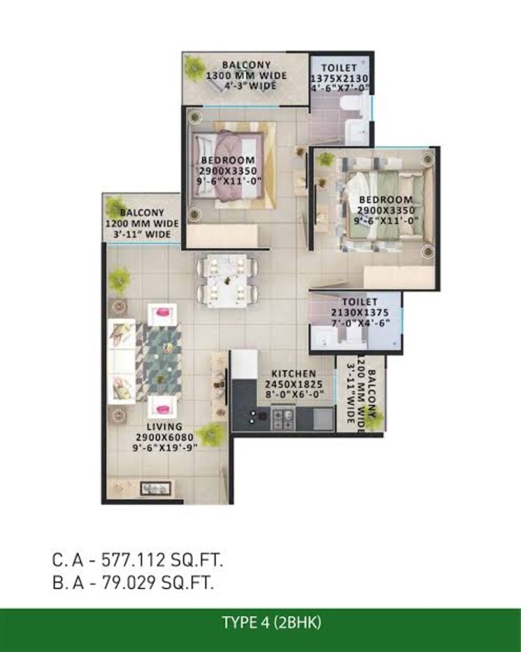 Floor Plan, signature-orchard-avenue-2 2 Bedroom 970 Sq.Ft. Apartment In Sector 93 Gurgaon 8702931