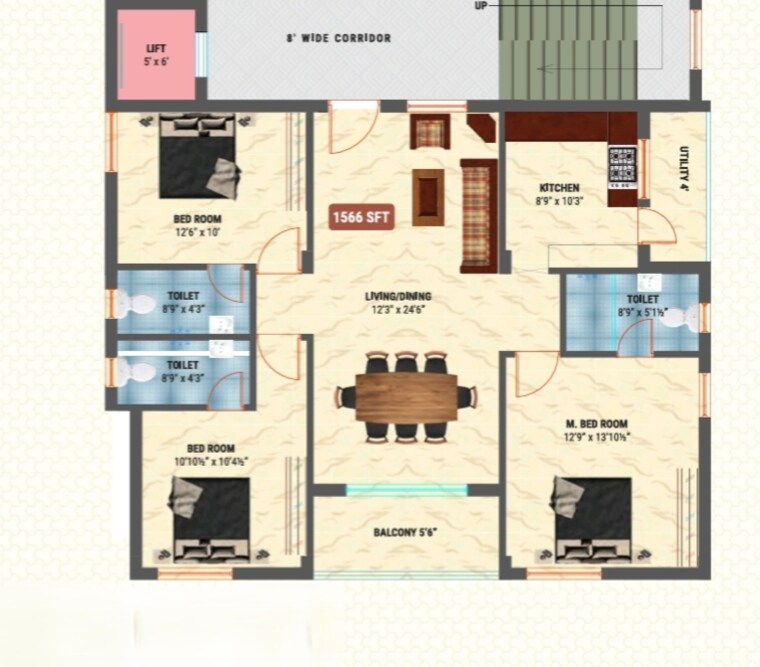 Floor Plan, neknampur 3 Bedroom 1500 Sq.Ft. Apartment In Neknampur Hyderabad 8715731