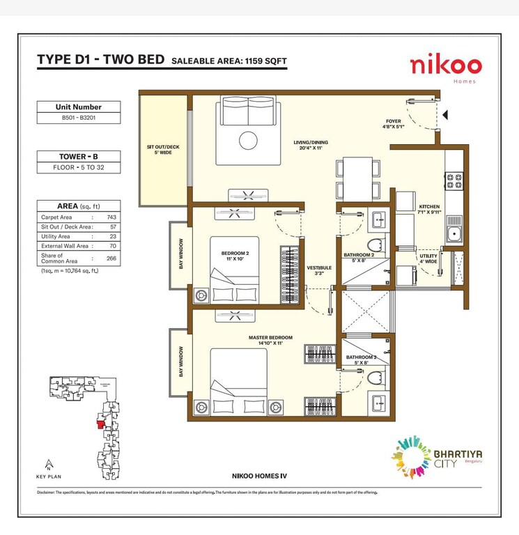 Floor Plan, bhartiya-city-nikoo-homes-4 2 Bedroom 1159 Sq.Ft. Apartment In Thanisandra Main Road Bangalore 8723360