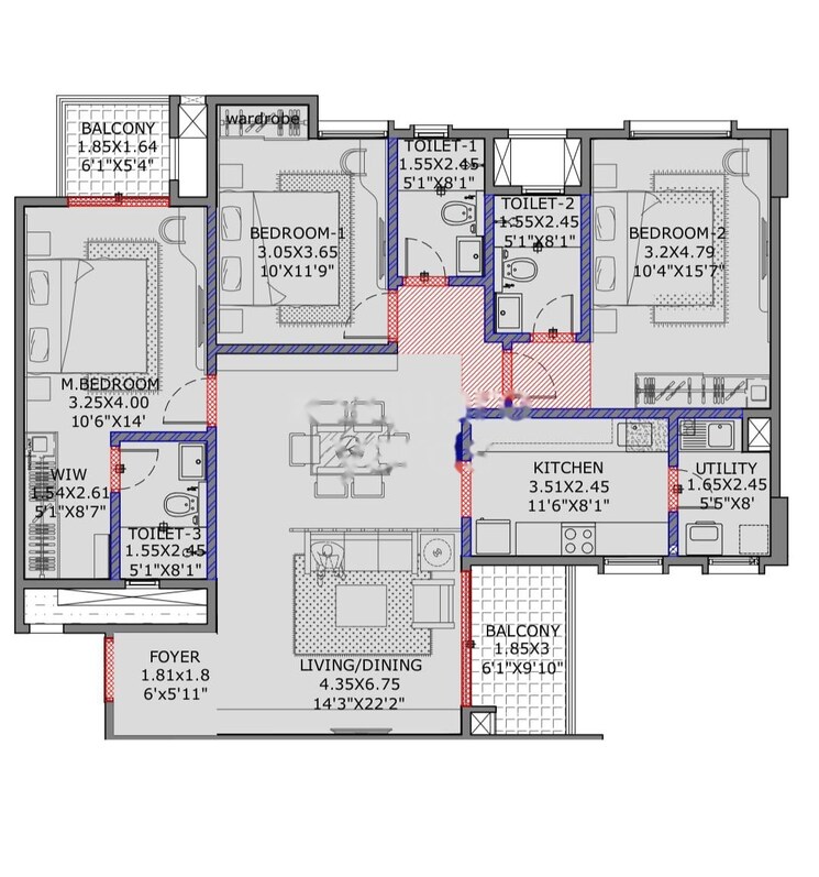 Floor Plan, vajram-newtown 3 Bedroom 1205 Sq.Ft. Apartment In Thanisandra Main Road Bangalore 8725426