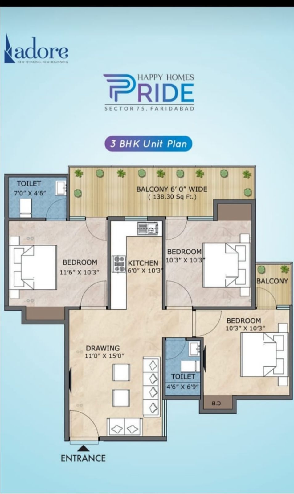 1 BHK + Pooja Room Apartment For Sale in Adore Happy Homes Pride