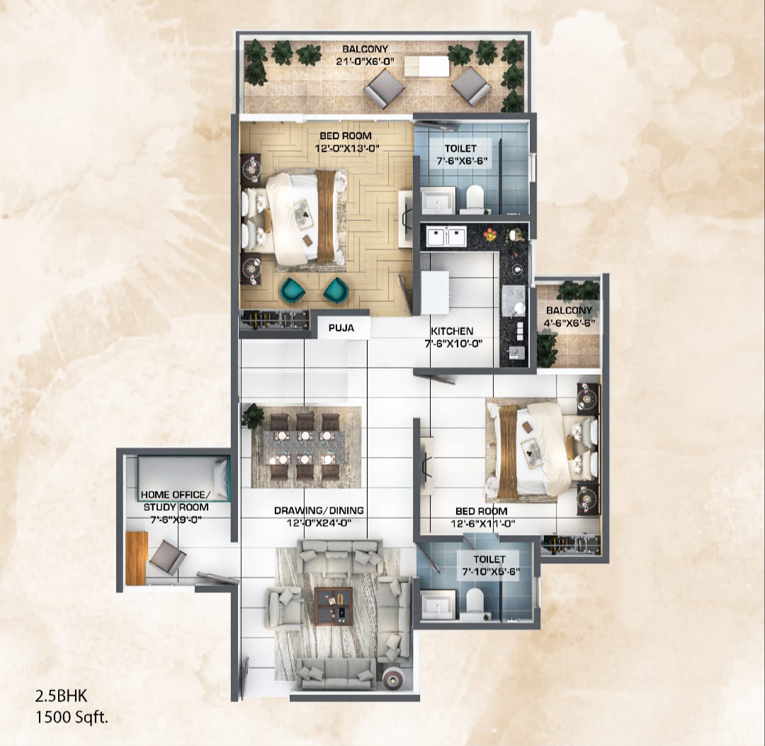 2.5 BHK 1500 Sq.Ft. Penthouse in Windlass River Valley