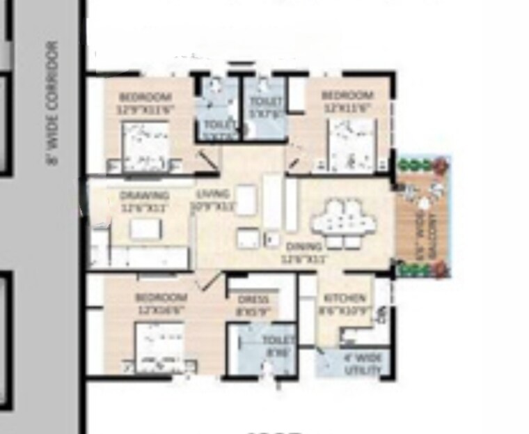 Floor Plan, srr-sriram-river-view 3 Bedroom 1885 Sq.Ft. Apartment In Narsingi Hyderabad 8735217