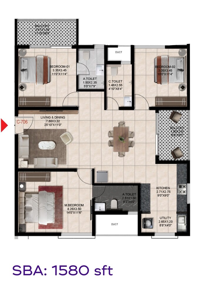 Floor Plan, trendsquares-akino 3 Bedroom 1580 Sq.Ft. Apartment In Panathur Bangalore 8735298