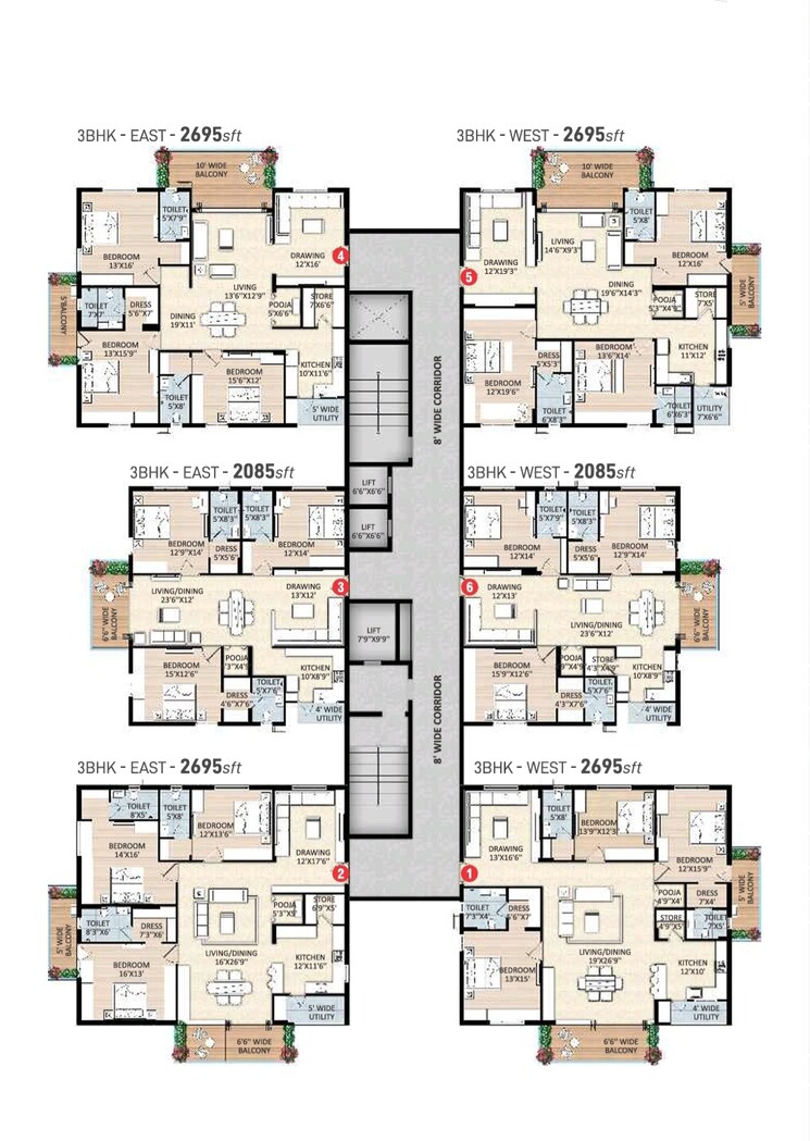 Floor Plan, srr-sriram-river-view 3 Bedroom 2695 Sq.Ft. Apartment In Narsingi Hyderabad 8735495