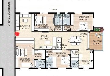 Floor Plan in 4 BHK Apartment at SRR Sriram River View, Narsingi – for Sale