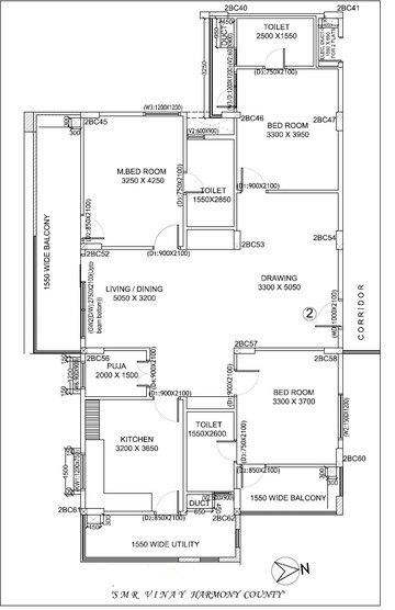 Floor Plan in 3 BHK Apartment at SMR Vinay Harmony County Phase 1, Rajendra Nagar – for Sale