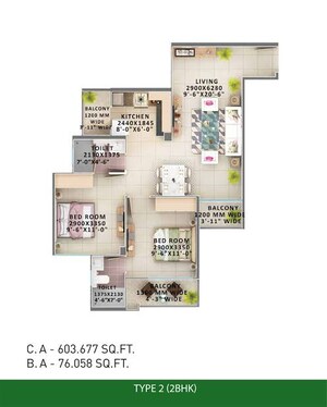 Floor Plan in 2 BHK Apartment at Signature Orchard Avenue 2, Sector 93 – for Sale