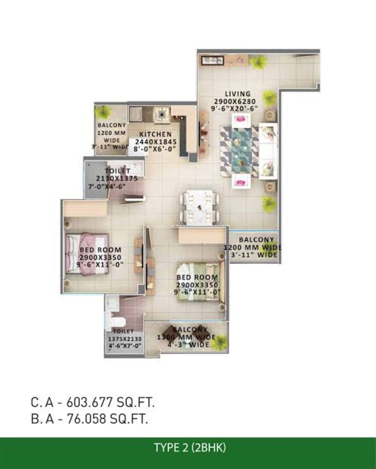 Floor Plan, signature-orchard-avenue-2 2 Bedroom 680 Sq.Ft. Apartment In Sector 93 Gurgaon 8738590