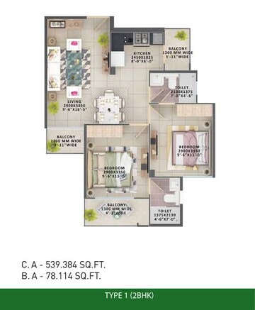 Floor Plan in 2 BHK Apartment at Signature Orchard Avenue 2, Sector 93 – for Sale