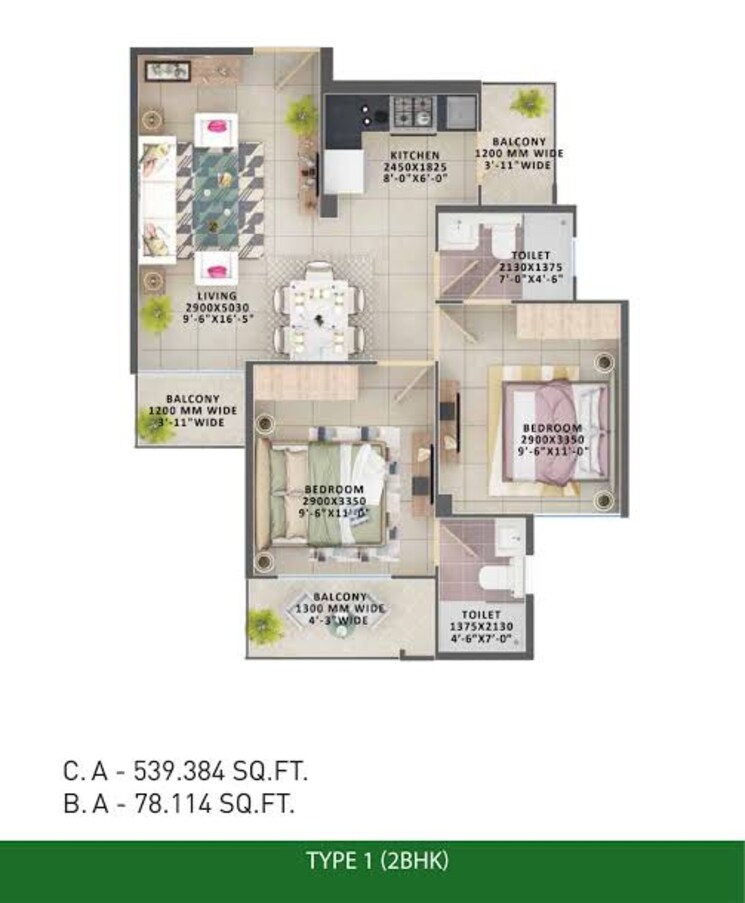 Floor Plan, signature-orchard-avenue-2 2 Bedroom 680 Sq.Ft. Apartment In Sector 93 Gurgaon 8738590
