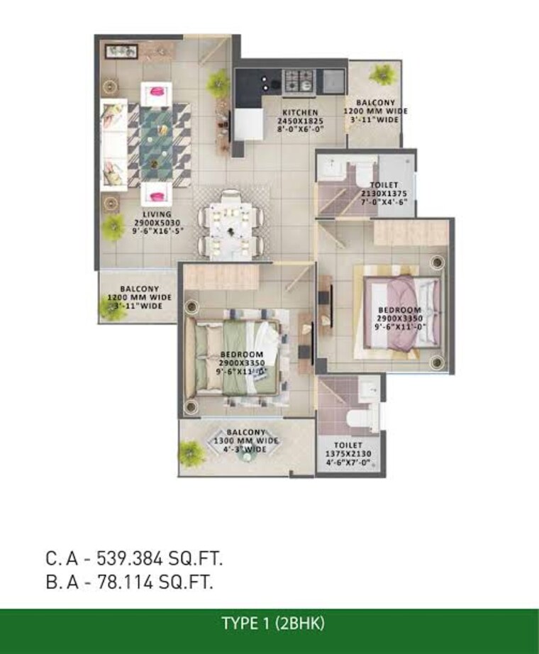 Floor Plan, signature-orchard-avenue-2 2 Bedroom 680 Sq.Ft. Apartment In Sector 93 Gurgaon 8738590