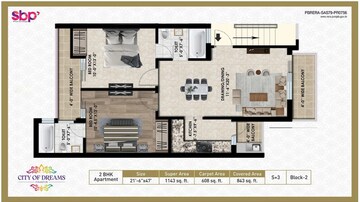 Floor Plan in 2 BHK Apartment at SBP City Of Dreams Zirakpur, High Ground – for Sale