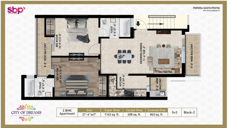 Floor Plan, sbp-city-of-dreams-zirakpur 2 Bedroom 1143 Sq.Ft. Apartment In High Ground Zirakpur 8741071