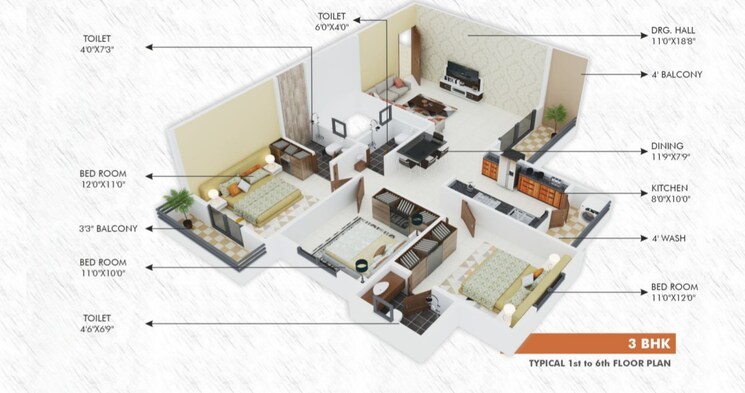 Master Bedroom, friends colony 3 Bedroom 1400 Sq.Ft. Apartment In Friends Colony Nagpur 8751612