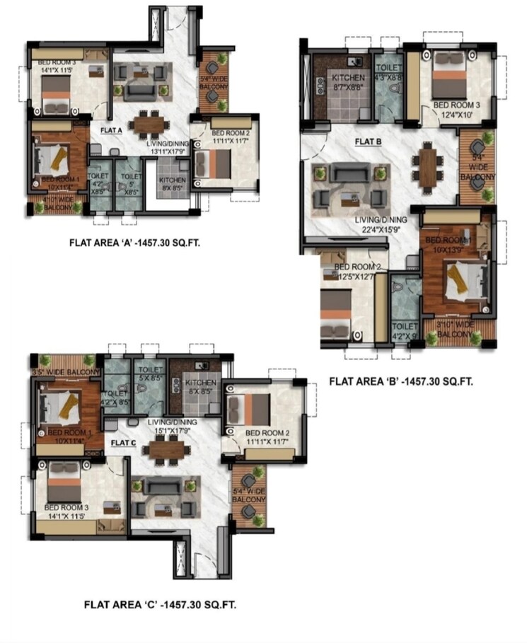 Floor Plan, new town 3 Bedroom 1485 Sq.Ft. Apartment In New Town Kolkata 8753523