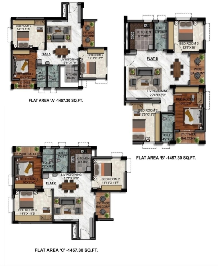 Floor Plan, new town 3 Bedroom 1485 Sq.Ft. Apartment In New Town Kolkata 8753523