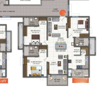 Floor Plan in 3 BHK Apartment at Rajapushpa Imperia, Tellapur – for Sale