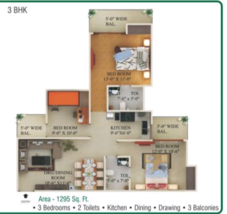 Floor Plan, supertech-ecociti 3 Bedroom 1295 Sq.Ft. Apartment In Sector 137 Noida 8766312