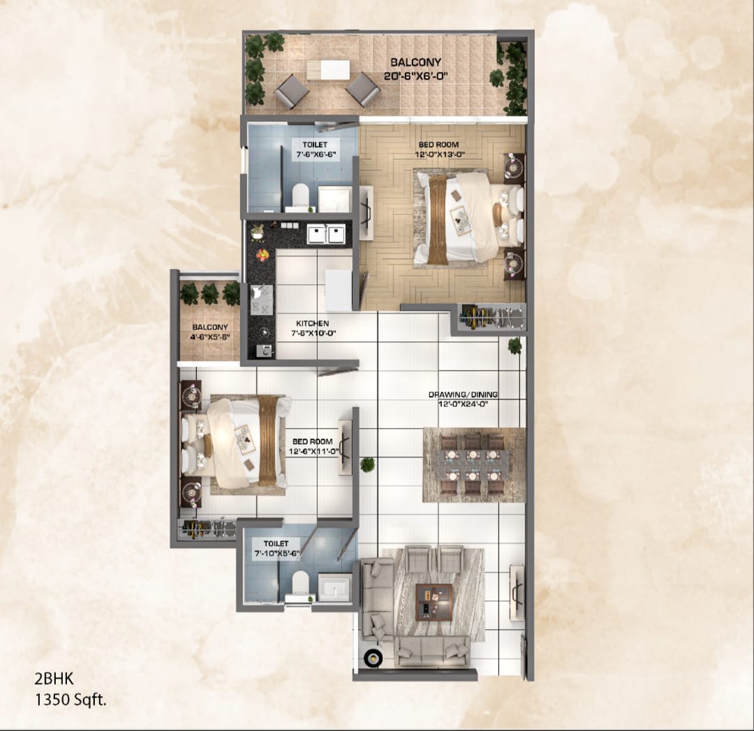 2 BHK 1350 Sq.Ft. Penthouse in Windlass River Valley