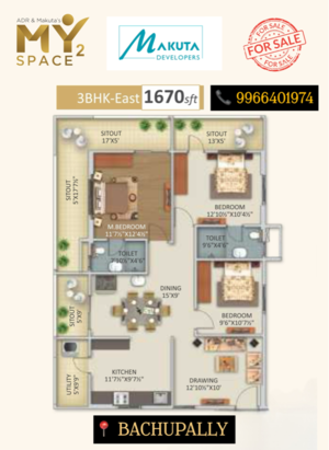 Floor Plan in 3 BHK Apartment at Makuta My Space 2, Bachupally – for Sale