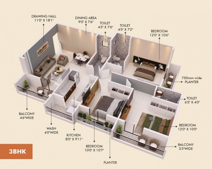 Floor Plan, amravati rd 3 Bedroom 1378 Sq.Ft. Apartment In Amravati rd Nagpur 8771824