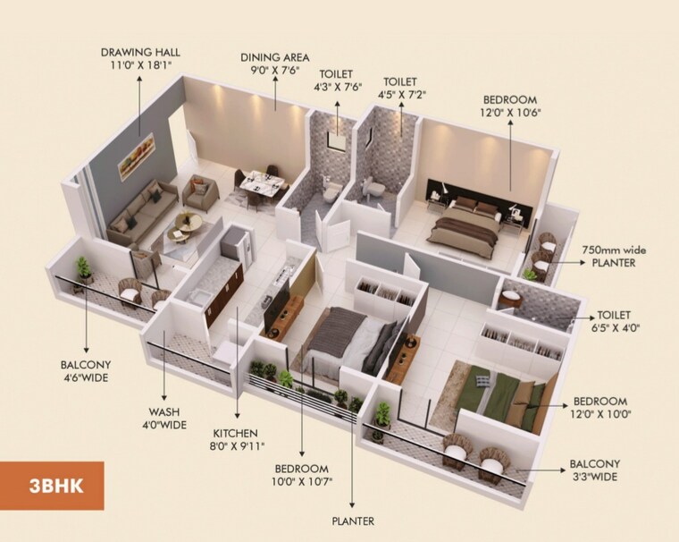 Floor Plan, amravati rd 3 Bedroom 1378 Sq.Ft. Apartment In Amravati rd Nagpur 8771824
