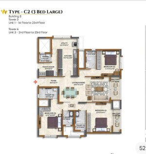 Floor Plan in 3.5 BHK Apartment at Prestige Waterford, Whitefield – for Sale