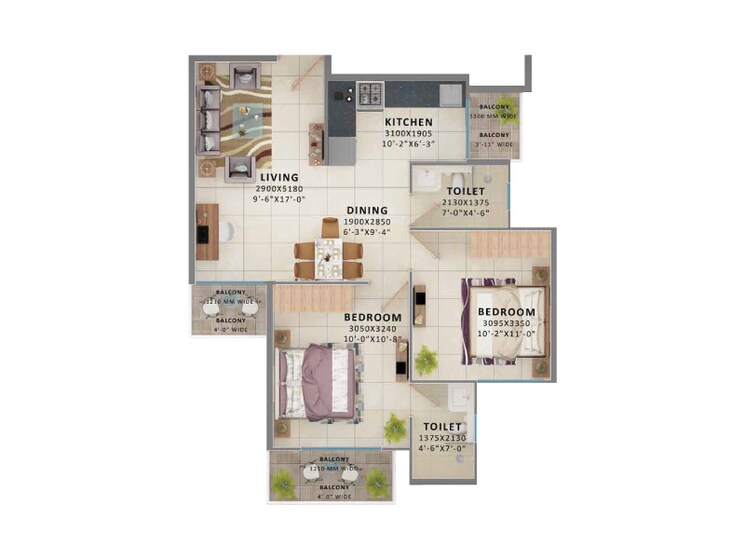 Floor Plan, signature-the-millennia-3 2 Bedroom 581 Sq.Ft. Apartment In Sector 37d Gurgaon 8781341