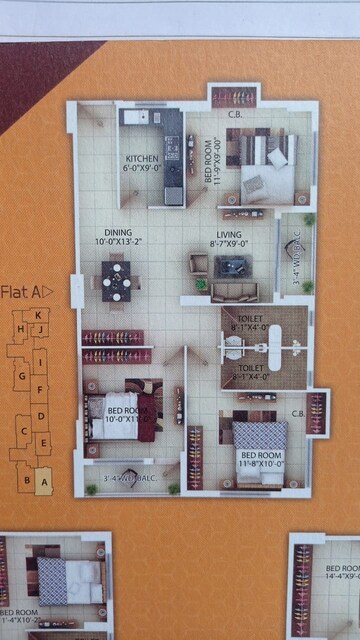 Floor Plan in 3 BHK Apartment at Metro Heights, Rasapunja – for Sale