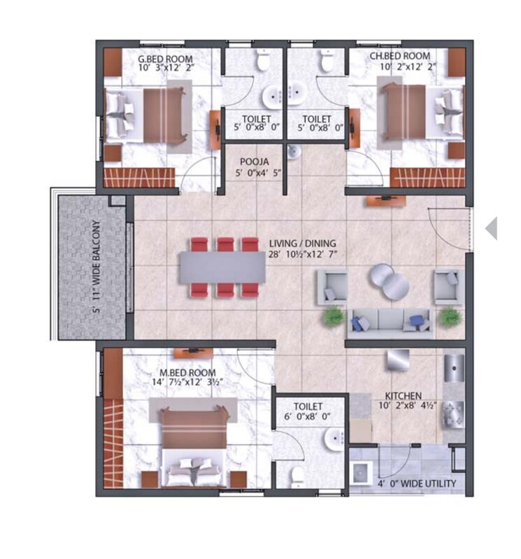 Floor Plan, hallmark-treasor 3 Bedroom 1765 Sq.Ft. Apartment In Narsingi Hyderabad 8784399