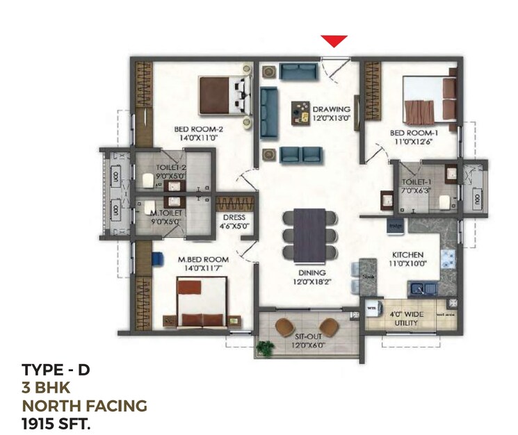 Floor Plan, ramky-one-odyssey 3 Bedroom 1915 Sq.Ft. Apartment In Narsingi Hyderabad 8784477