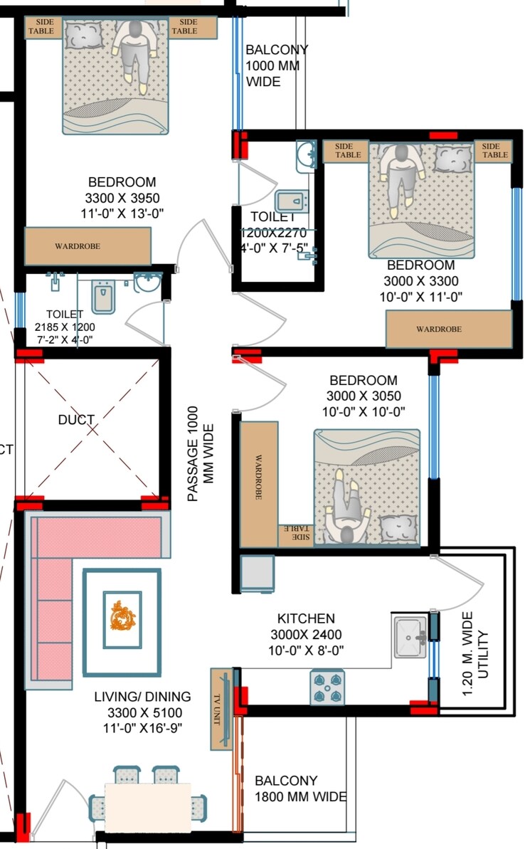 Floor Plan, zingabai takli 3 Bedroom 1350 Sq.Ft. Apartment In Zingabai Takli Nagpur 8785637