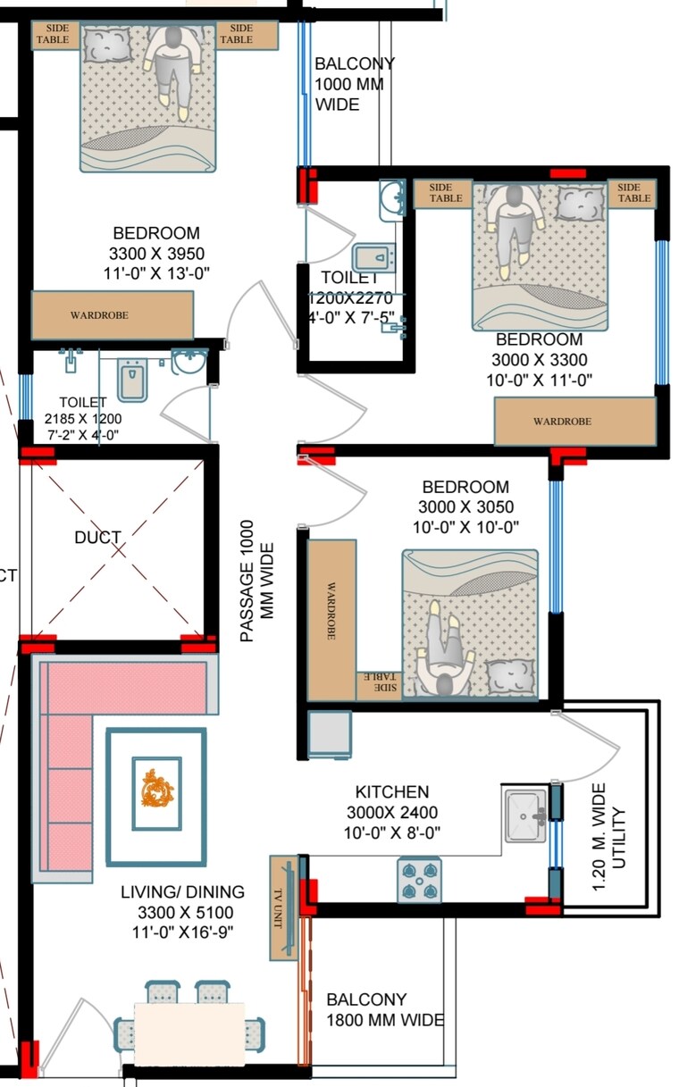 Floor Plan, zingabai takli 3 Bedroom 1350 Sq.Ft. Apartment In Zingabai Takli Nagpur 8785637