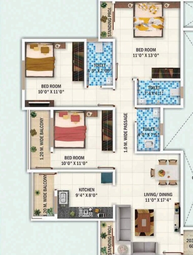 Floor Plan, hazari pahad 3 Bedroom 1400 Sq.Ft. Apartment In Hazari Pahad Nagpur 8788695