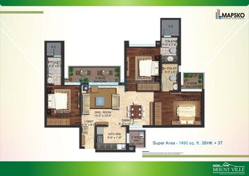 Floor Plan in 3 BHK Apartment at Mapsko Mount Ville, Sector 79 – for Rent
