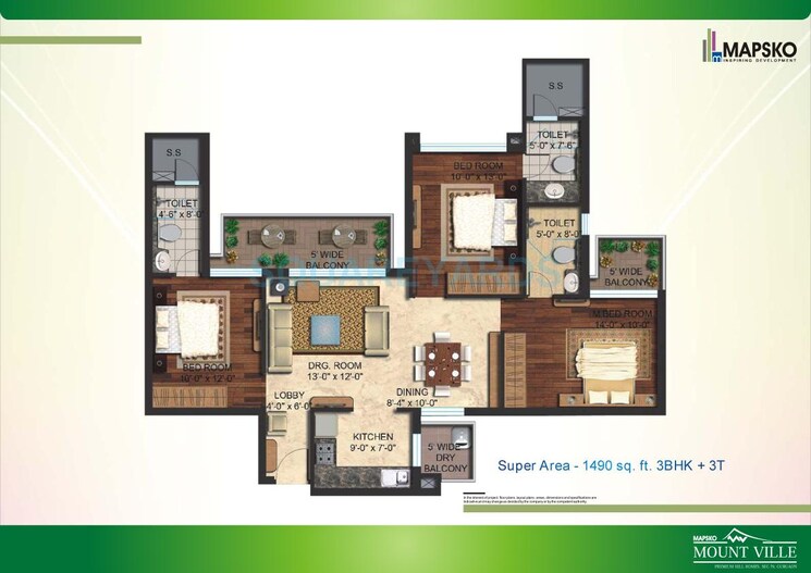 Floor Plan, mapsko-mount-ville 3 Bedroom 1490 Sq.Ft. Apartment In Sector 79 Gurgaon 8789873