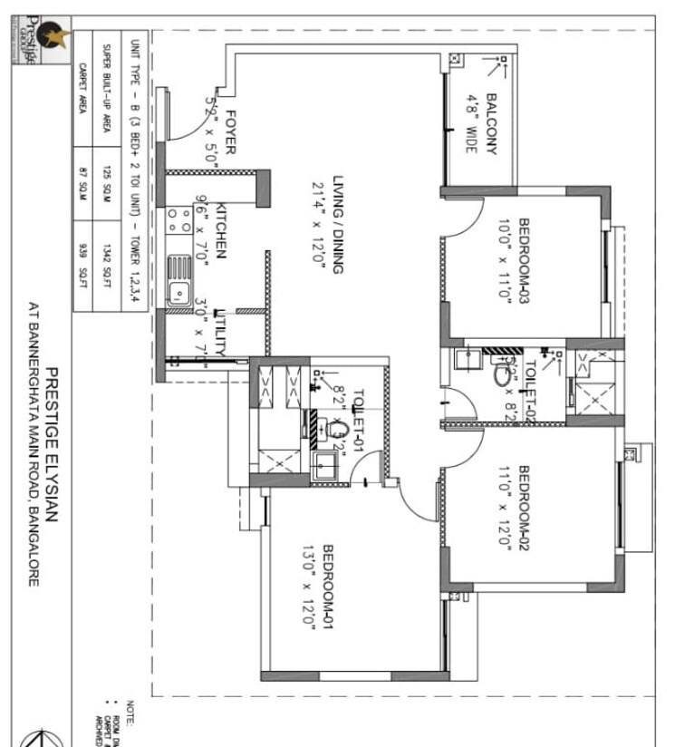 Floor Plan, prestige-elysian 3 Bedroom 939 Sq.Ft. Apartment In Bannerghatta Road Bangalore 8790870