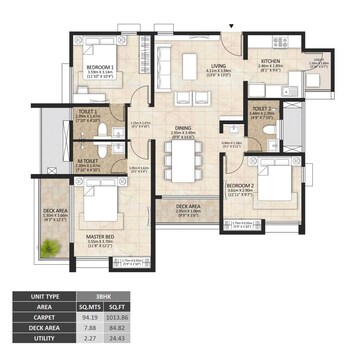 Floor Plan in 3 BHK Apartment at Mahindra Lakewoods, Chengalpattu – for Sale