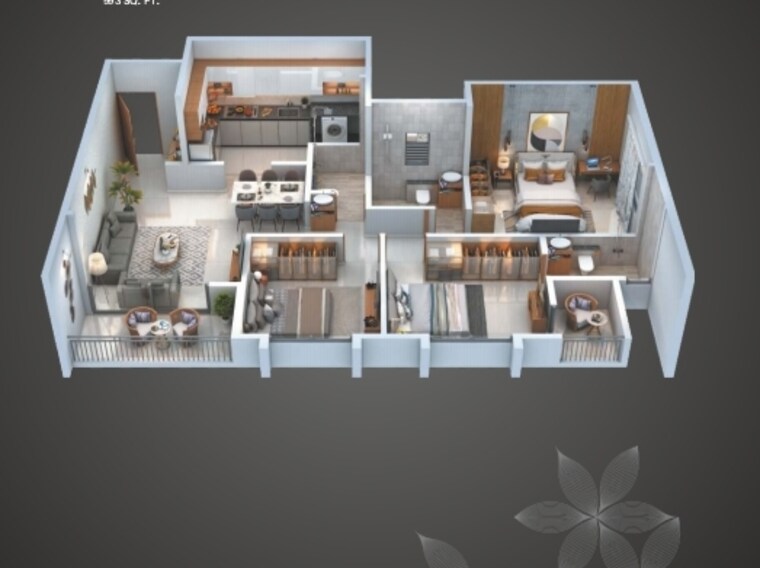 Floor Plan, sahyadri-plumeria 3 Bedroom 993 Sq.Ft. Apartment In Moshi Pune 8799271