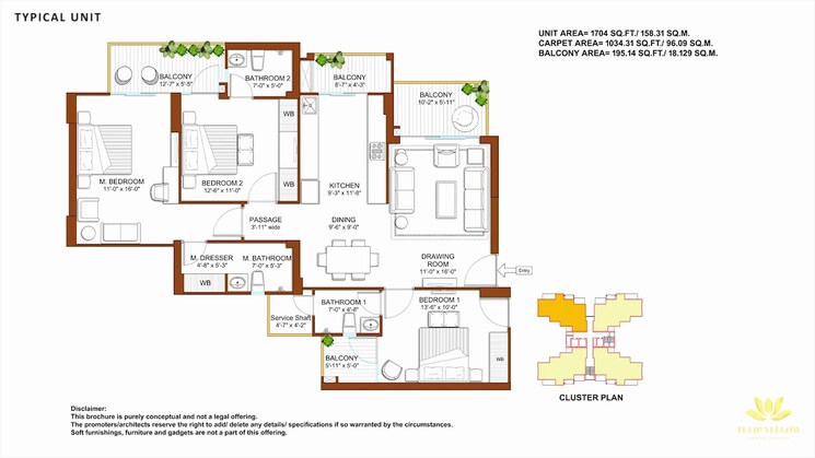 Floor Plan, tulip-yellow 3 Bedroom 1704 Sq.Ft. Apartment In Sector 69 Gurgaon 8800630