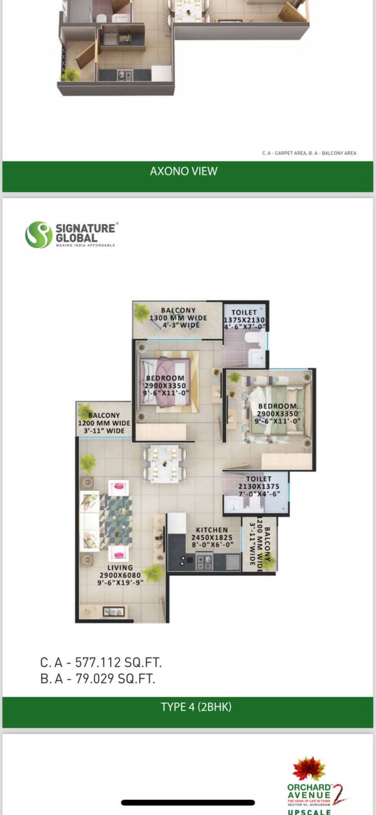 Floor Plan, signature-orchard-avenue-2 2 Bedroom 656 Sq.Ft. Apartment In Sector 93 Gurgaon 8801587