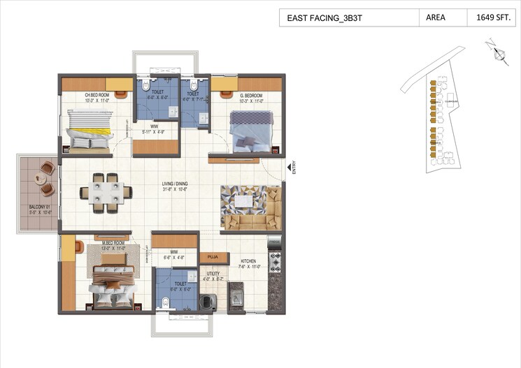 Floor Plan, kukatpally 3 Bedroom 1585 Sq.Ft. Apartment In Kukatpally Hyderabad 8802329