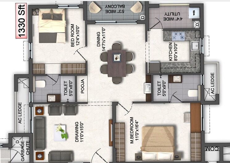 Floor Plan, aspire-spaces-ameya 2 Bedroom 1330 Sq.Ft. Apartment In Miyapur Hyderabad 8808358