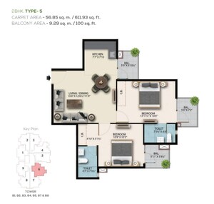 Floor Plan in 2 BHK Apartment at Suncity Avenue 76, Sector 76 – for Sale