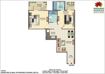 Floor Plan in 2 BHK Apartment at Signature Global Orchard Avenue, Sector 93 – for Sale