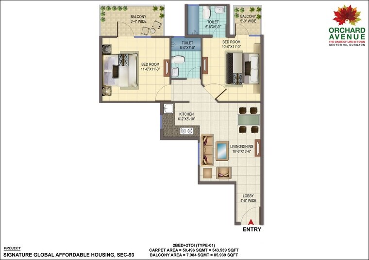 Floor Plan, signature-global-orchard-avenue 2 Bedroom 800 Sq.Ft. Apartment In Sector 93 Gurgaon 8814825
