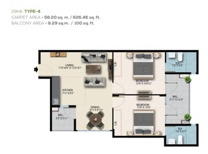 Floor Plan in 2 BHK Apartment at Suncity Avenue 76, Sector 76 – for Sale